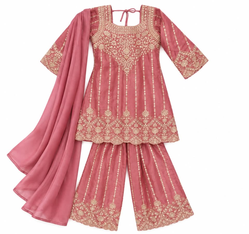Festive Pink & Gold Embroidered Kurti & Flared Plazo Set for Girls