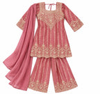 Festive Pink & Gold Embroidered Kurti & Flared Plazo Set for Girls
