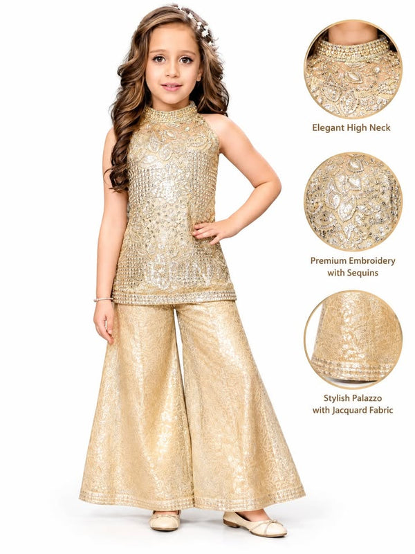 Girls' Gold Embroidered Kurti with Elephant Palazzo Set