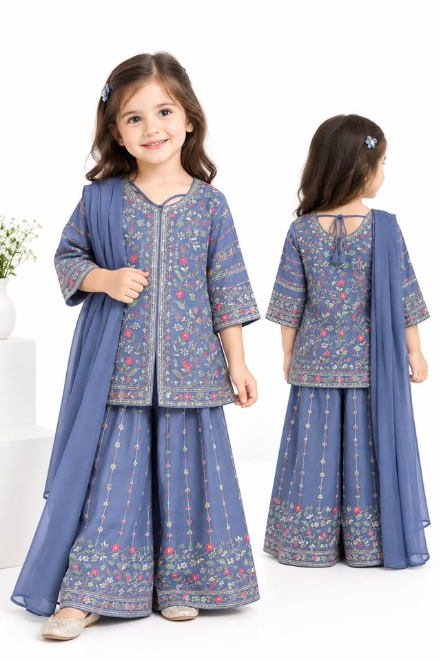 Girls Purpal Embroidered Kurti with Palazzo Suit Set