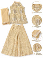Girls' Gold Embroidered Kurti with Elephant Palazzo Set
