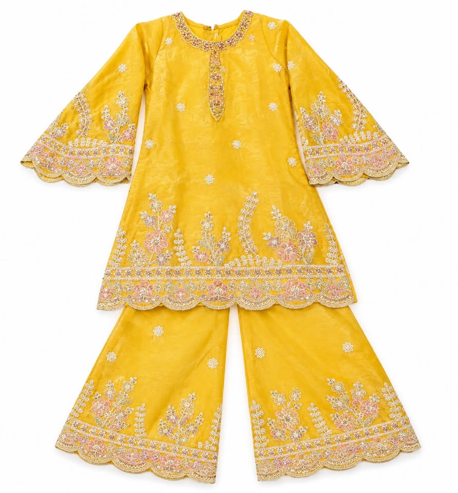 Girls Yellow Embroidered Kurti with Elephant Palazzo Suit Set