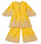 Girls Yellow Embroidered Kurti with Elephant Palazzo Suit Set