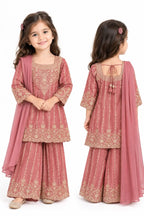 Festive Pink & Gold Embroidered Kurti & Flared Plazo Set for Girls