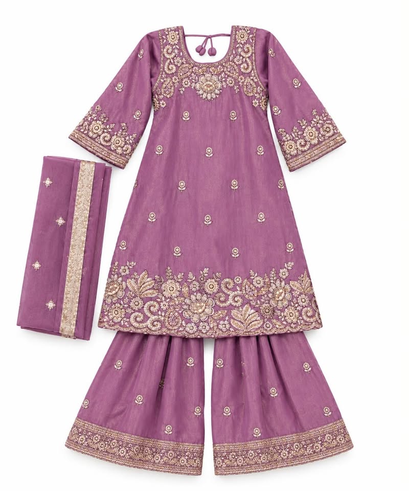 Girls Purple Embroidered Kurta with Farshi Salwar Set