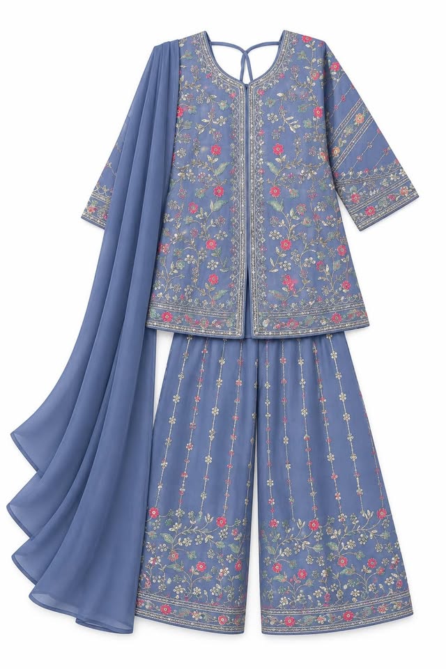 Girls Purpal Embroidered Kurti with Palazzo Suit Set