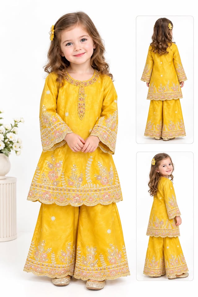 Girls Yellow Embroidered Kurti with Elephant Palazzo Suit Set