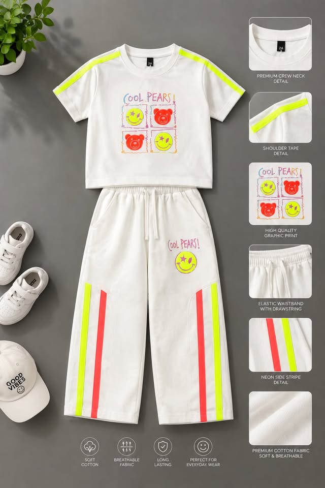 Cute & Cozy White Graphic Co-Ord Set for Girls