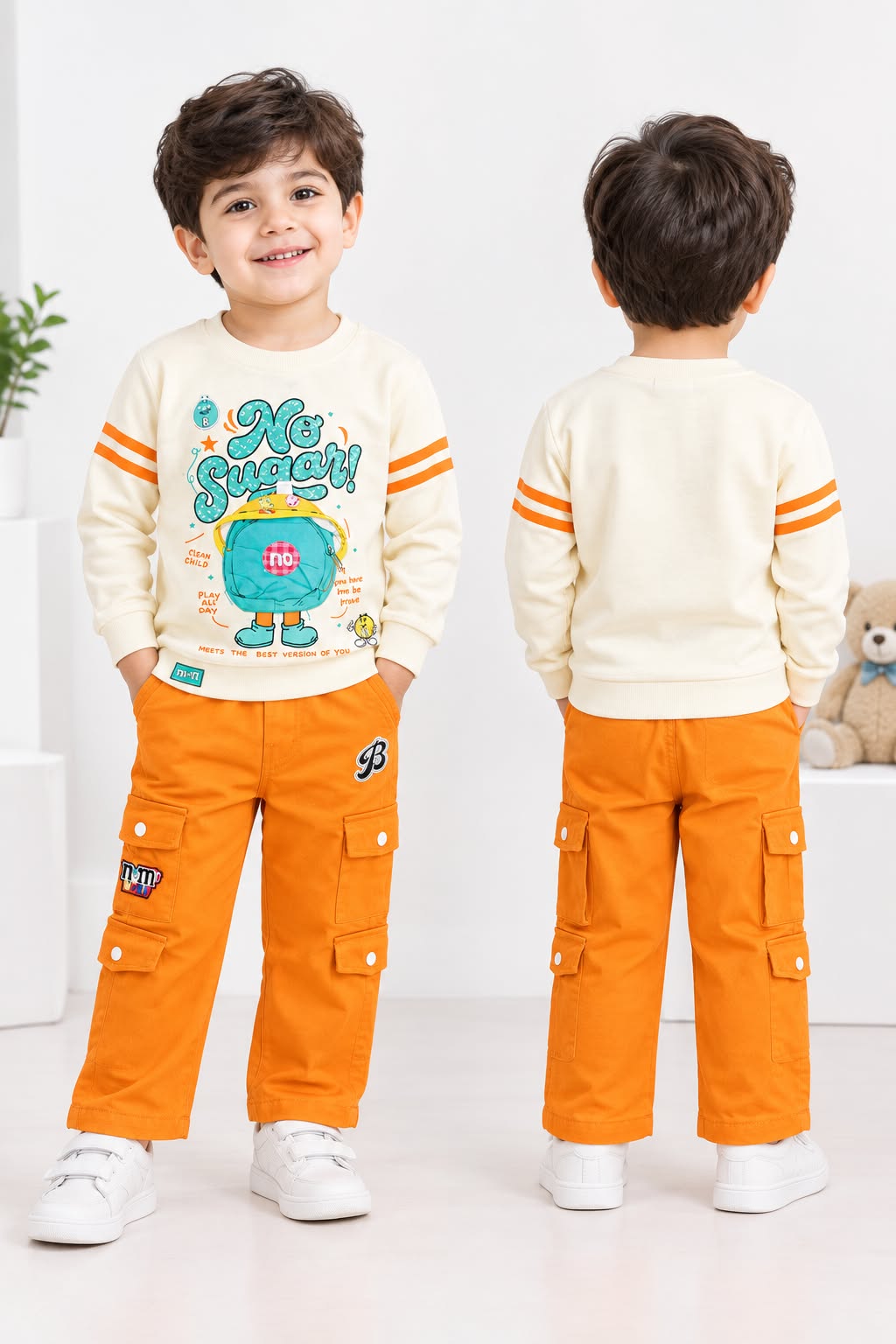Boys Co-Ord Set with Full Sleeve Printed Sweatshirt & Cargo Pants