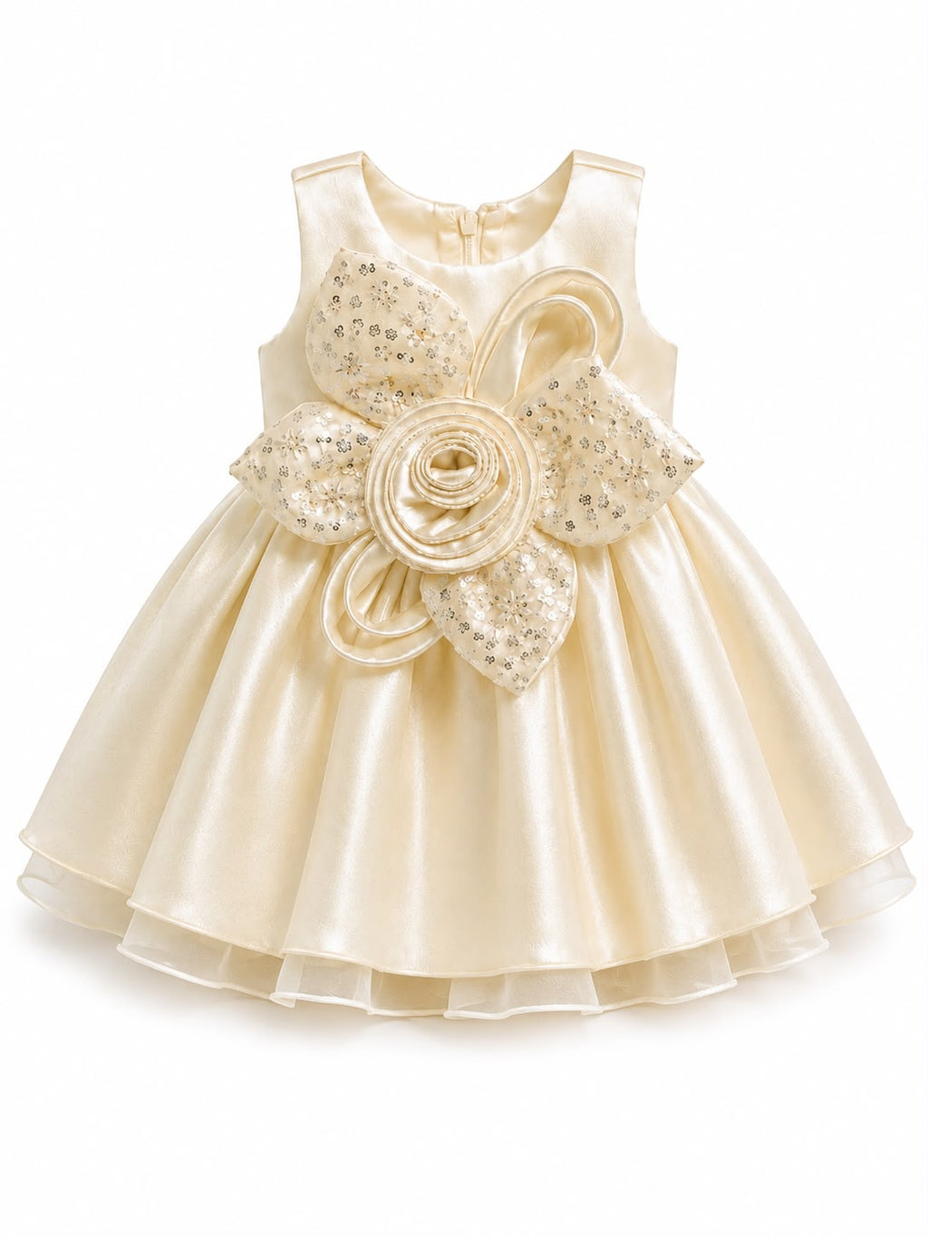 Girls' Premium Champagne Satin Party Wear Frock with 3D Floral Appliqué – Elegant Sleeveless Princess Frock