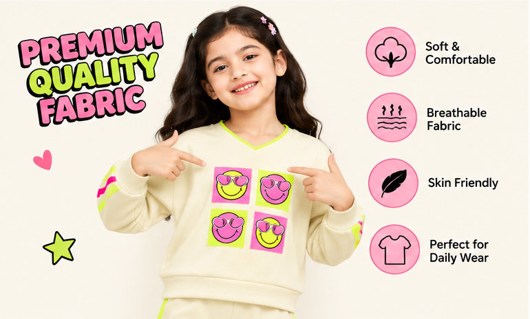 Girls Co-Ord Set | Full Sleeve Sweatshirt and Wide Leg Pants | Smiley Face Graphic Print | Contrast Stripe Detail | 2-Piece Casual Wear Set