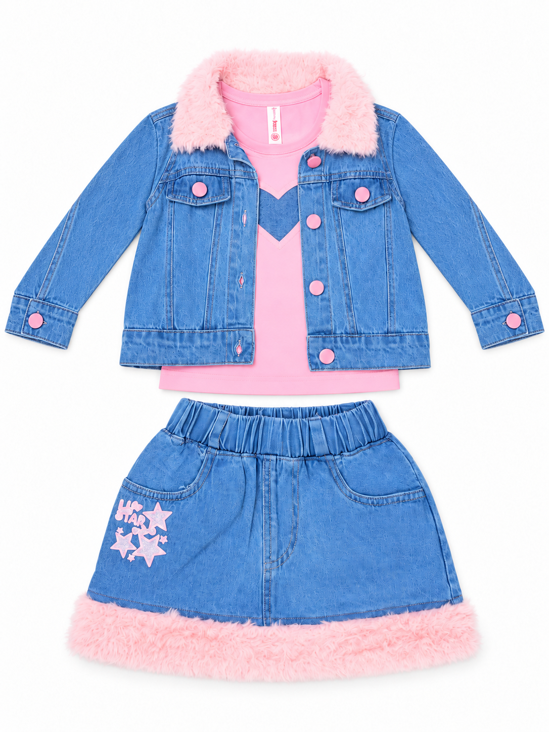 Pink Denim Two-Piece Set – Faux Fur Trimmed Jacket & Skirt