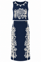 Girls Navy Blue Floral 3D Embellished Jacket with White Printed T-Shirt and Mini Skirt – Stylish 3-Piece Designer Party Wear Set