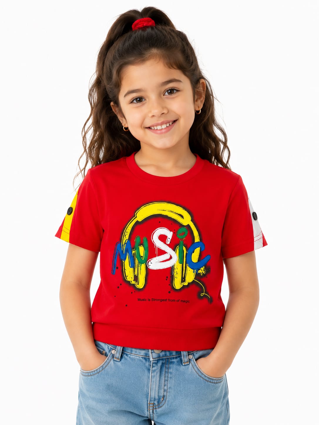 Girls Red Music Print Half Sleeve Cotton Top