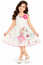 Girls White Printed Sleeveless Party Wear Frock with Ballerina & Swan Design, 3D Pink Floral Embellishment and Matching Sling Bag – Designer Dress Set