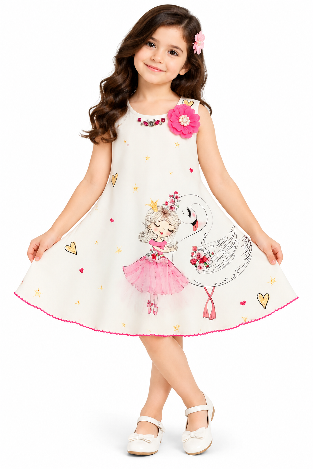 Girls White Printed Sleeveless Party Wear Frock with Ballerina & Swan Design, 3D Pink Floral Embellishment and Matching Sling Bag – Designer Dress Set