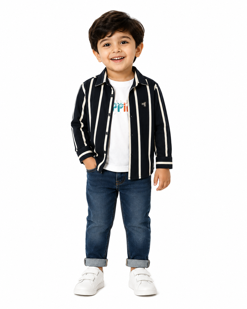 Boys Black & White Vertical Striped Long Sleeve Shirt