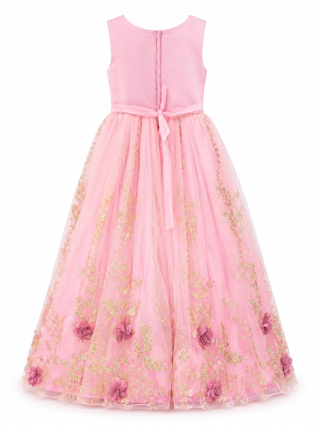 Girls Pink Sleeveless Floral Mesh Gown / Party Dress