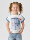 White & Blue Denim Print Girls Half Sleeve T-Shirt