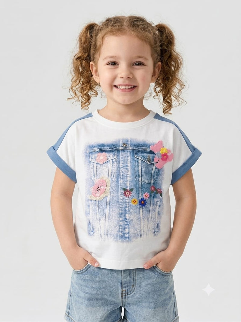 White & Blue Denim Print Girls Half Sleeve T-Shirt