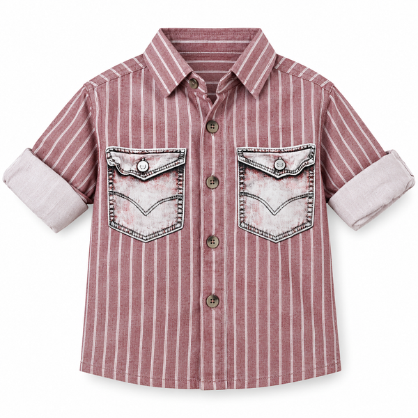 Boys World Boys Casual Striped Shirt with Dual Chest Pockets and Roll-Up Sleeves – Dusty Pink