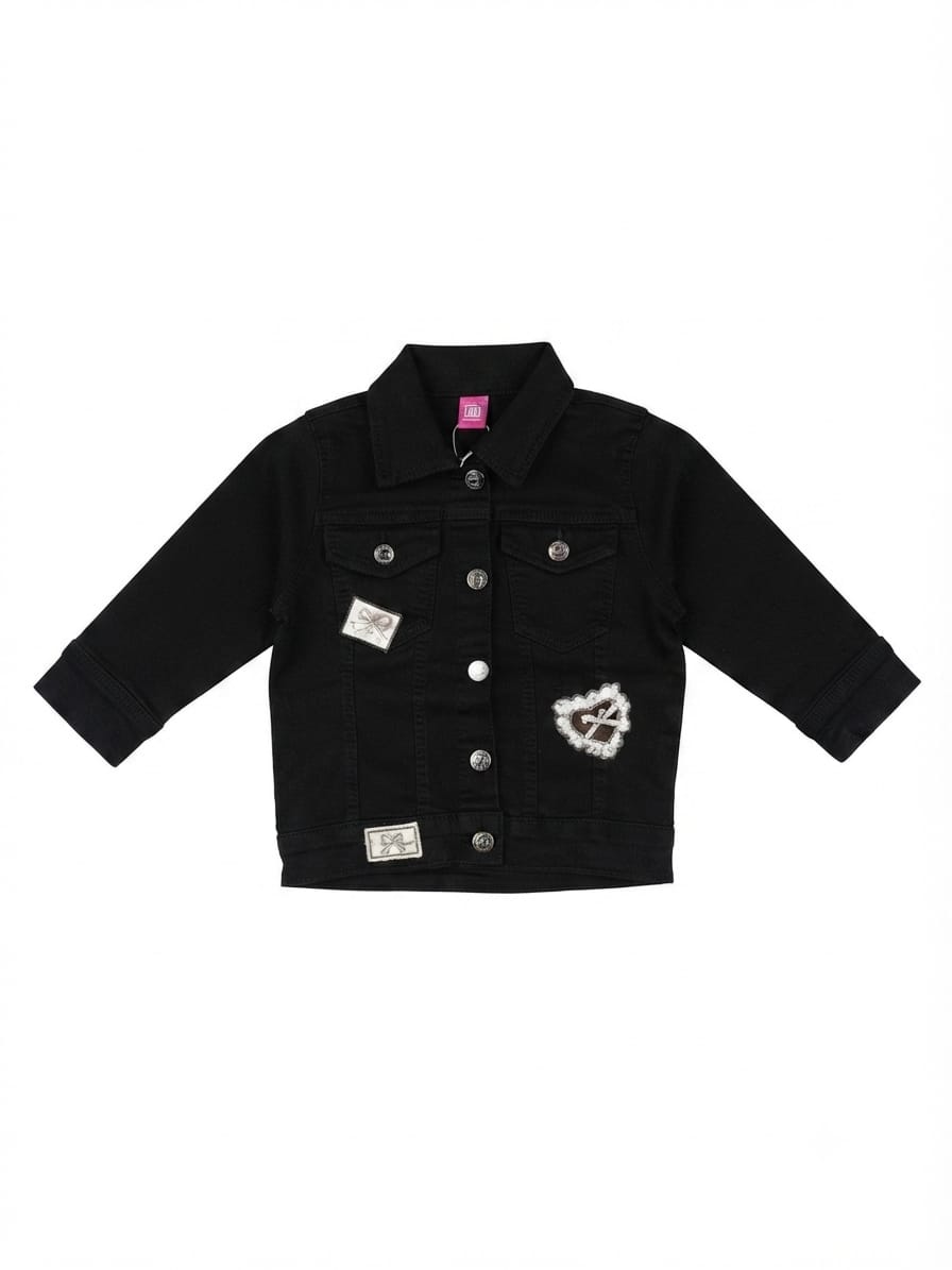Black Embellished Girls Denim Jacket