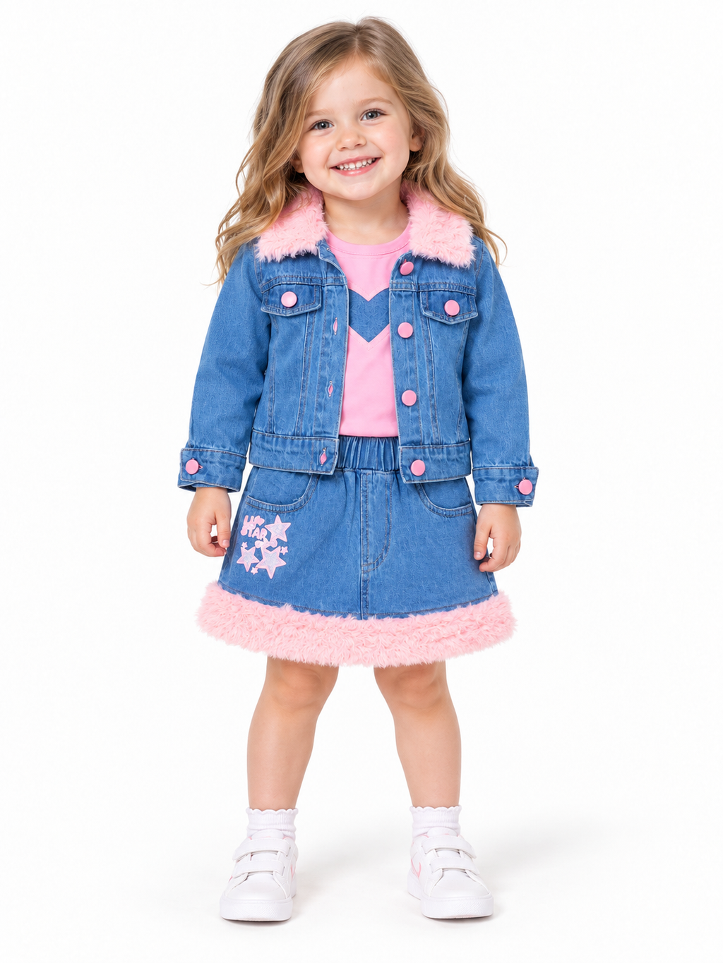 Pink Denim Two-Piece Set – Faux Fur Trimmed Jacket & Skirt