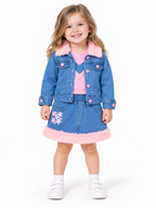 Pink Denim Two-Piece Set – Faux Fur Trimmed Jacket & Skirt