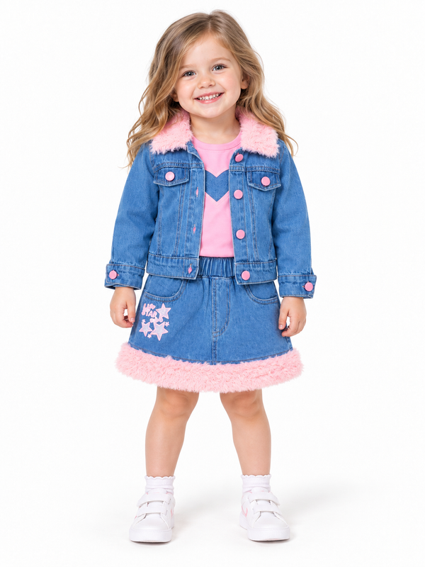 Pink Denim Two-Piece Set – Faux Fur Trimmed Jacket & Skirt