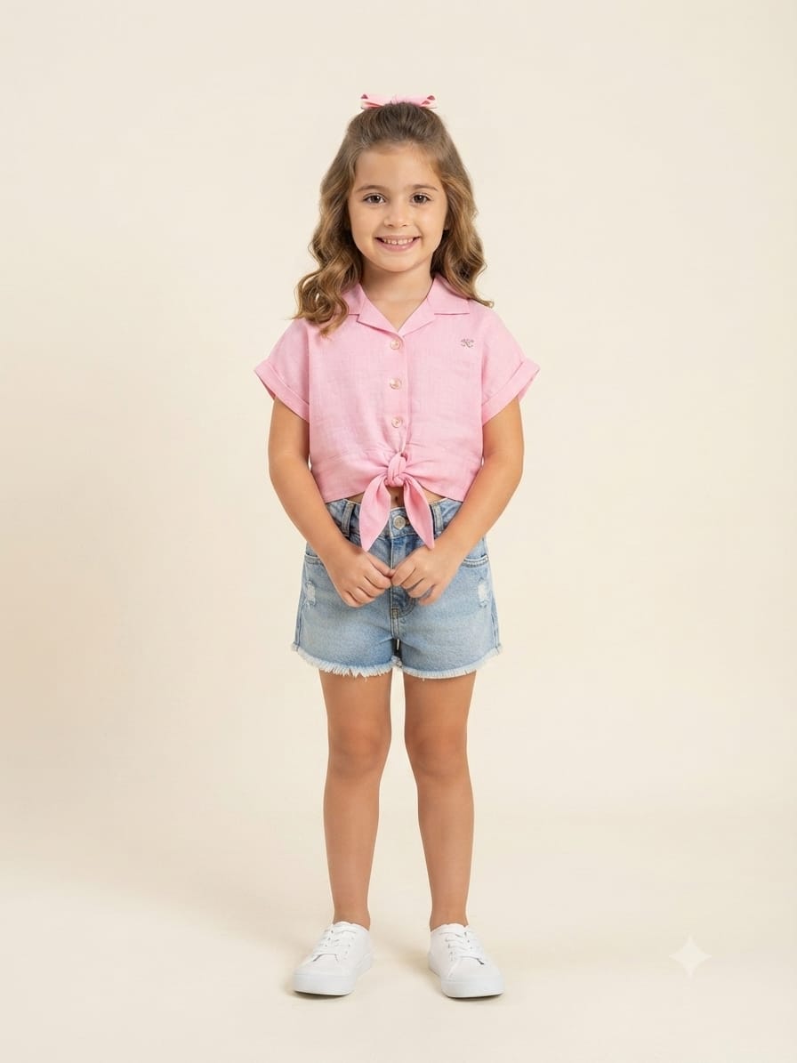 Pink Collared Twist Hem Girls Crop Top