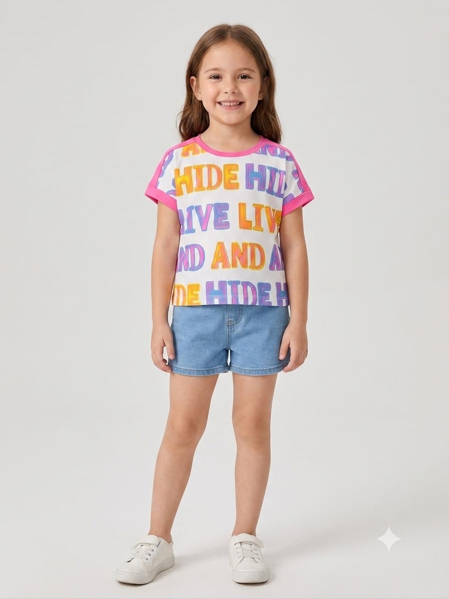 White Graphic Print Kids T-Shirt with Pink Trim