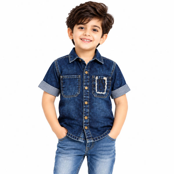 Boys World Boys Denim Casual Shirt with Dual Chest Pockets and Roll-Up Sleeves – Dark Blue