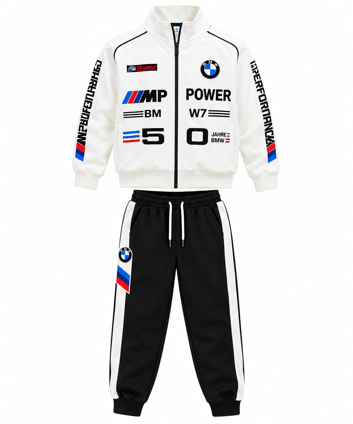Boys White and Black Printed Co-Ord Set | Full Sleeve Zip-Up Jacket with Matching Jogger Pants | Sporty Casual Outfit for Kids