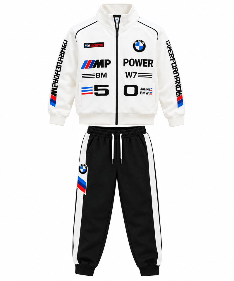 Boys White and Black Printed Co-Ord Set | Full Sleeve Zip-Up Jacket with Matching Jogger Pants | Sporty Casual Outfit for Kids