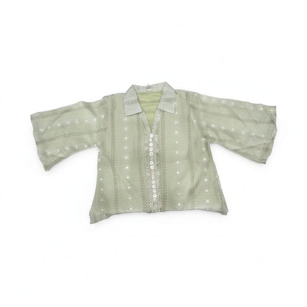Sage Green Embroidered Girls Collared top