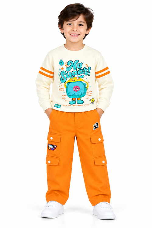Boys Co-Ord Set with Full Sleeve Printed Sweatshirt & Cargo Pants