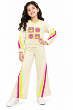 Girls Co-Ord Set | Full Sleeve Sweatshirt and Wide Leg Pants | Smiley Face Graphic Print | Contrast Stripe Detail | 2-Piece Casual Wear Set