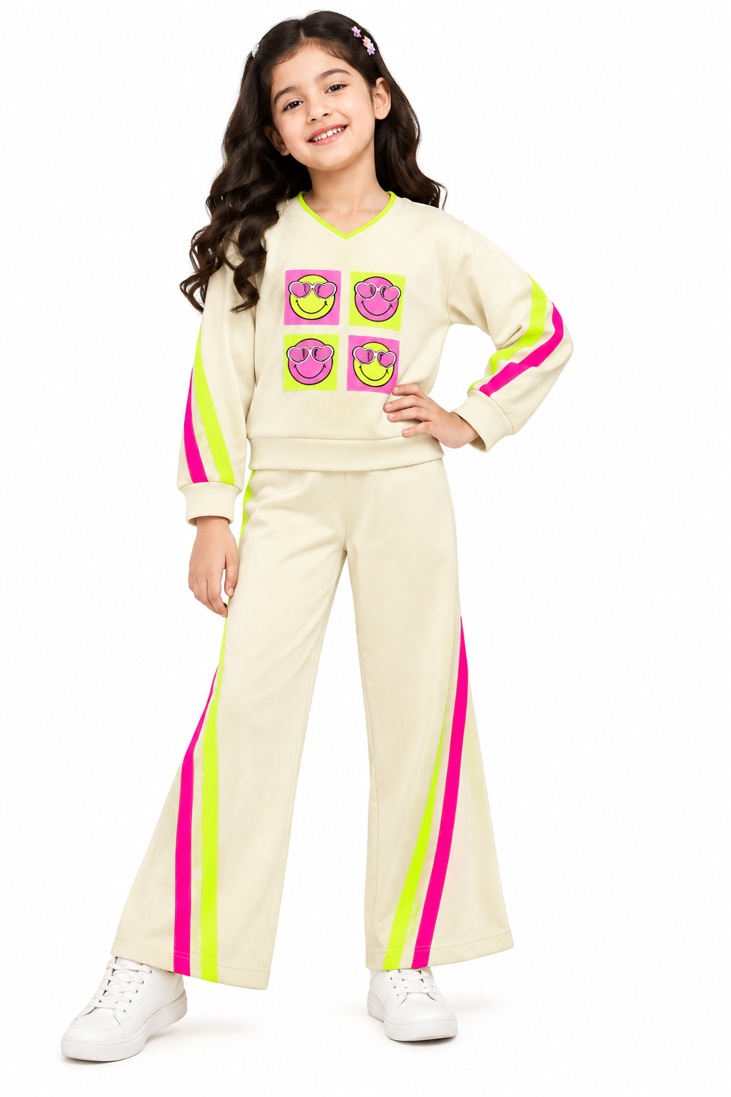 Girls Co-Ord Set | Full Sleeve Sweatshirt and Wide Leg Pants | Smiley Face Graphic Print | Contrast Stripe Detail | 2-Piece Casual Wear Set