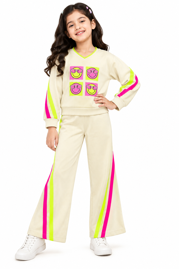 Girls Co-Ord Set | Full Sleeve Sweatshirt and Wide Leg Pants | Smiley Face Graphic Print | Contrast Stripe Detail | 2-Piece Casual Wear Set