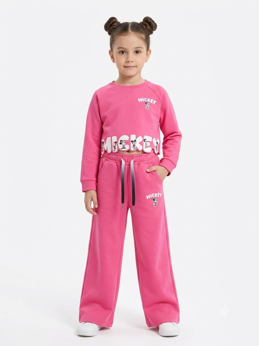 Girls Mickey Mouse Printed Co-Ord Set | Full Sleeve Sweatshirt and Wide Leg Pants | 2-Piece Casual Tracksuit for Girls | Comfortable Everyday Wear