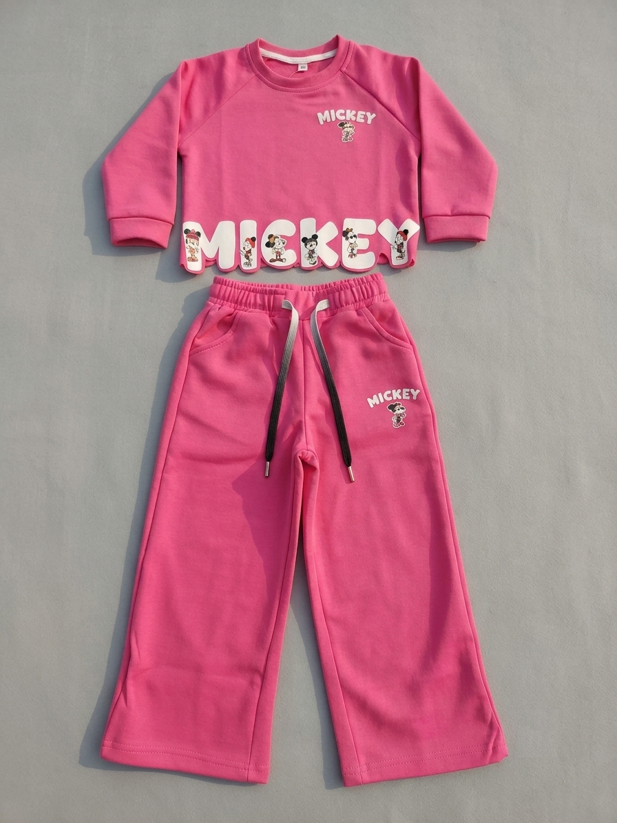 Girls Mickey Mouse Printed Co-Ord Set | Full Sleeve Sweatshirt and Wide Leg Pants | 2-Piece Casual Tracksuit for Girls | Comfortable Everyday Wear