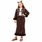 Girls Brown Designer Co-Ord Set with Faux Leather Jacket, Full Sleeve Printed Maxi Dress with Fur Detailing – Stylish Party Wear Outfit
