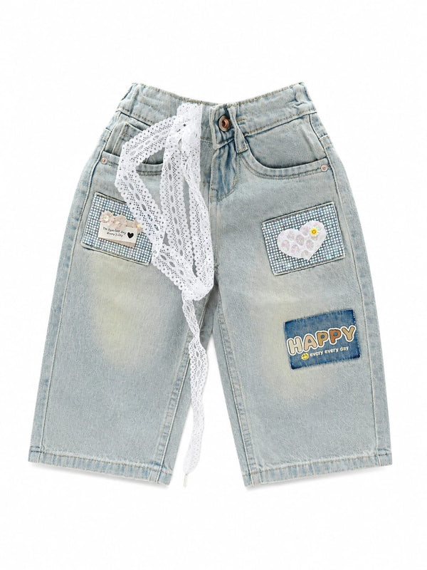 GIRLS GREY FANCY DENIM JEANS WITH HEART DETAIL