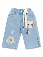 GIRLS LIGHT BLUE FANCY DENIM JEANS WITH FLORAL EMBROIDERY