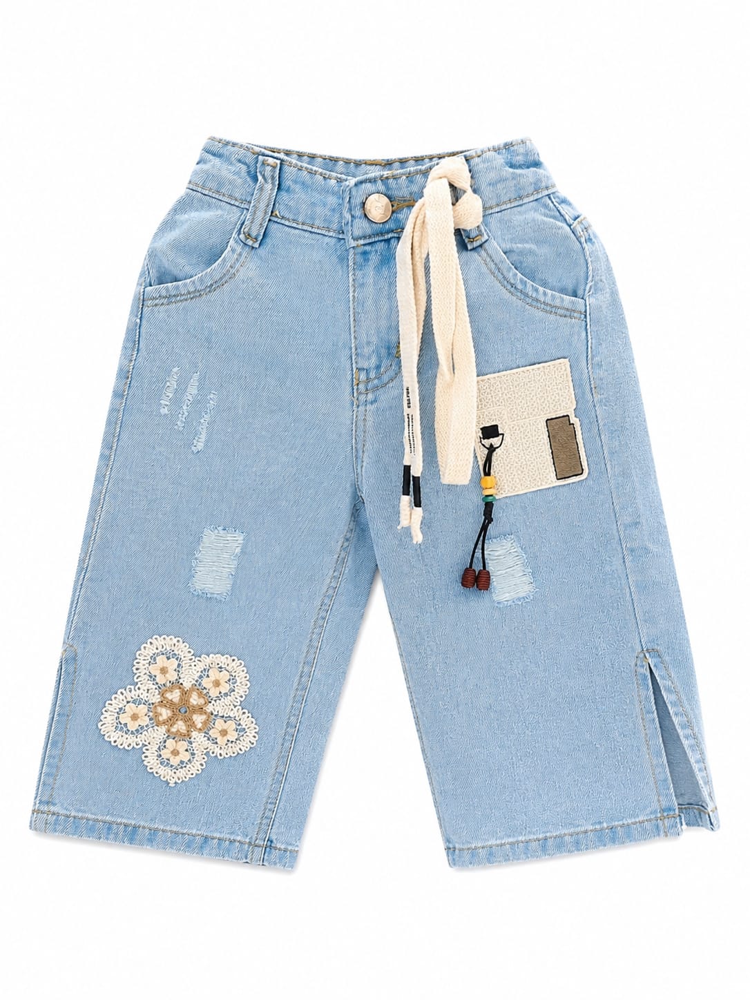 GIRLS LIGHT BLUE FANCY DENIM JEANS WITH FLORAL EMBROIDERY