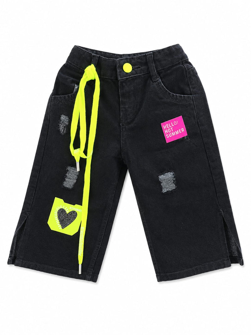 GIRLS BLACK FANCY DENIM JEANS WITH NEON ACCENTS