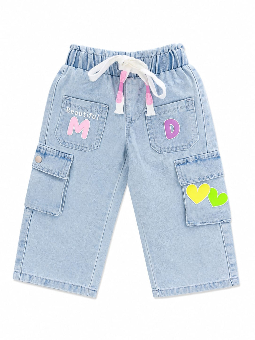 GIRLS LIGHT BLUE JEANS WITH HEART AND LETTER GRAPHICS