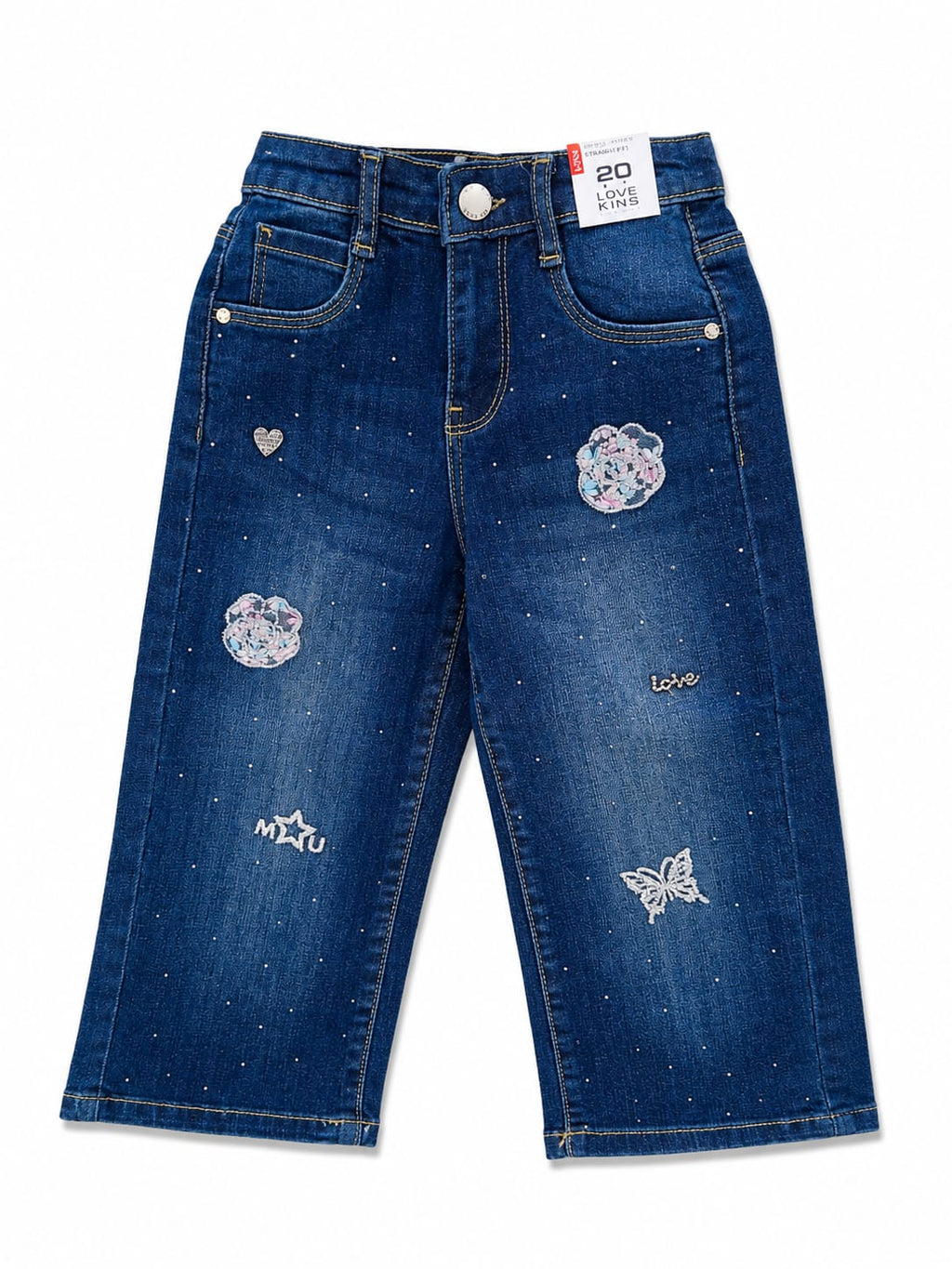 GIRLS DARK BLUE JEANS WITH BUTTERFLY AND FLORAL MOTIFS