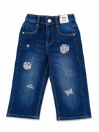 GIRLS DARK BLUE JEANS WITH BUTTERFLY AND FLORAL MOTIFS