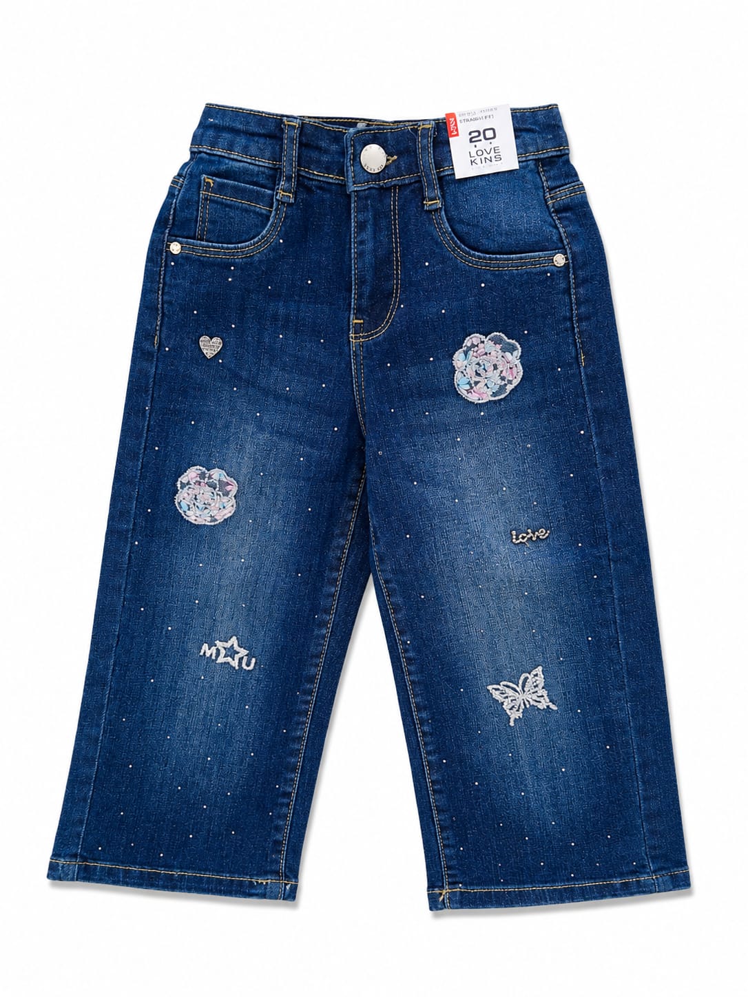 GIRLS DARK BLUE JEANS WITH BUTTERFLY AND FLORAL MOTIFS